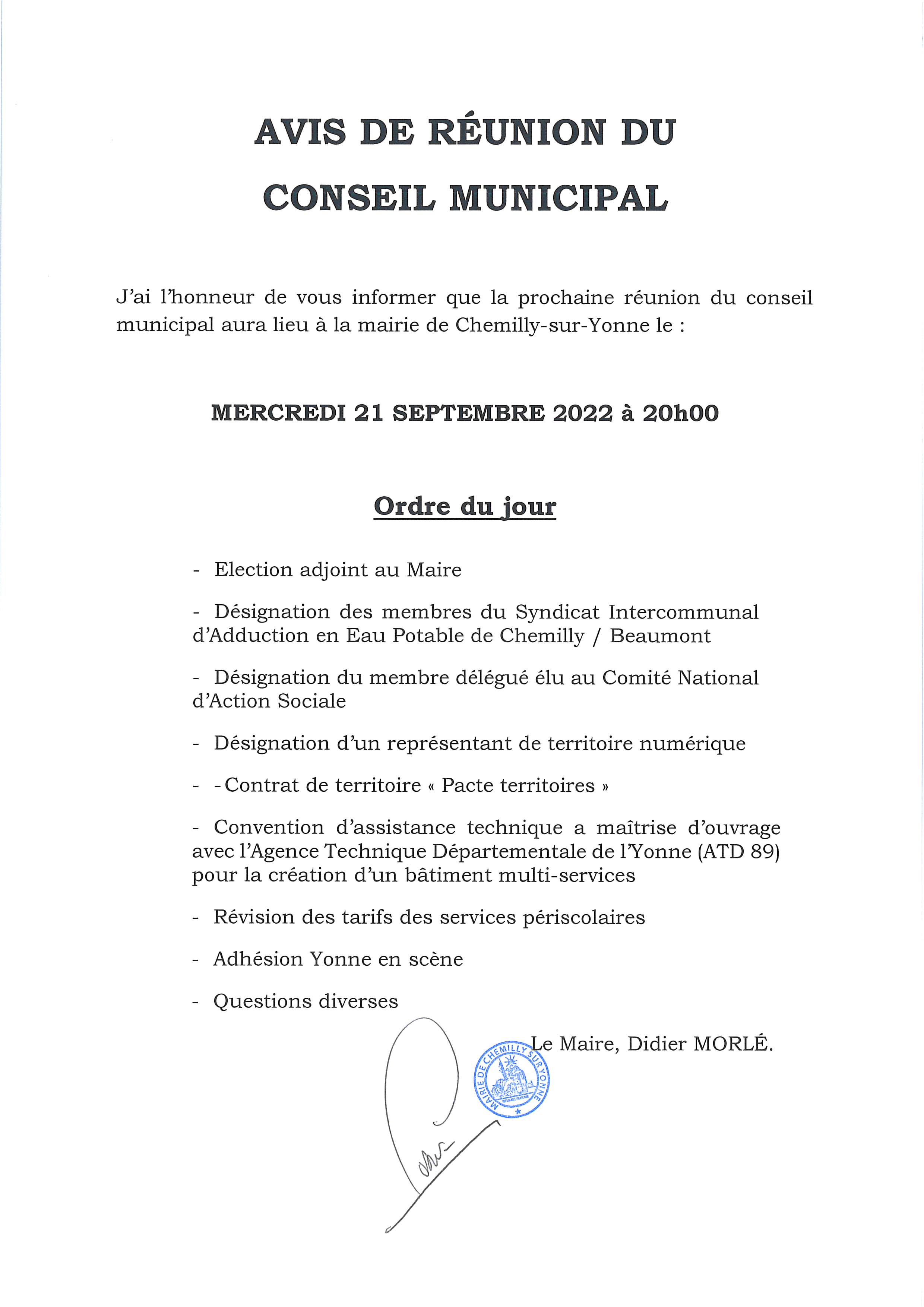 Ordre jour conseil municipal 21 septembre 2022