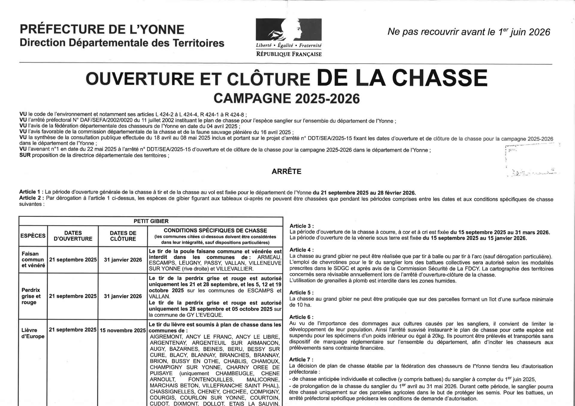 Ouverture et clôture de la chasse campagne 2025-2026